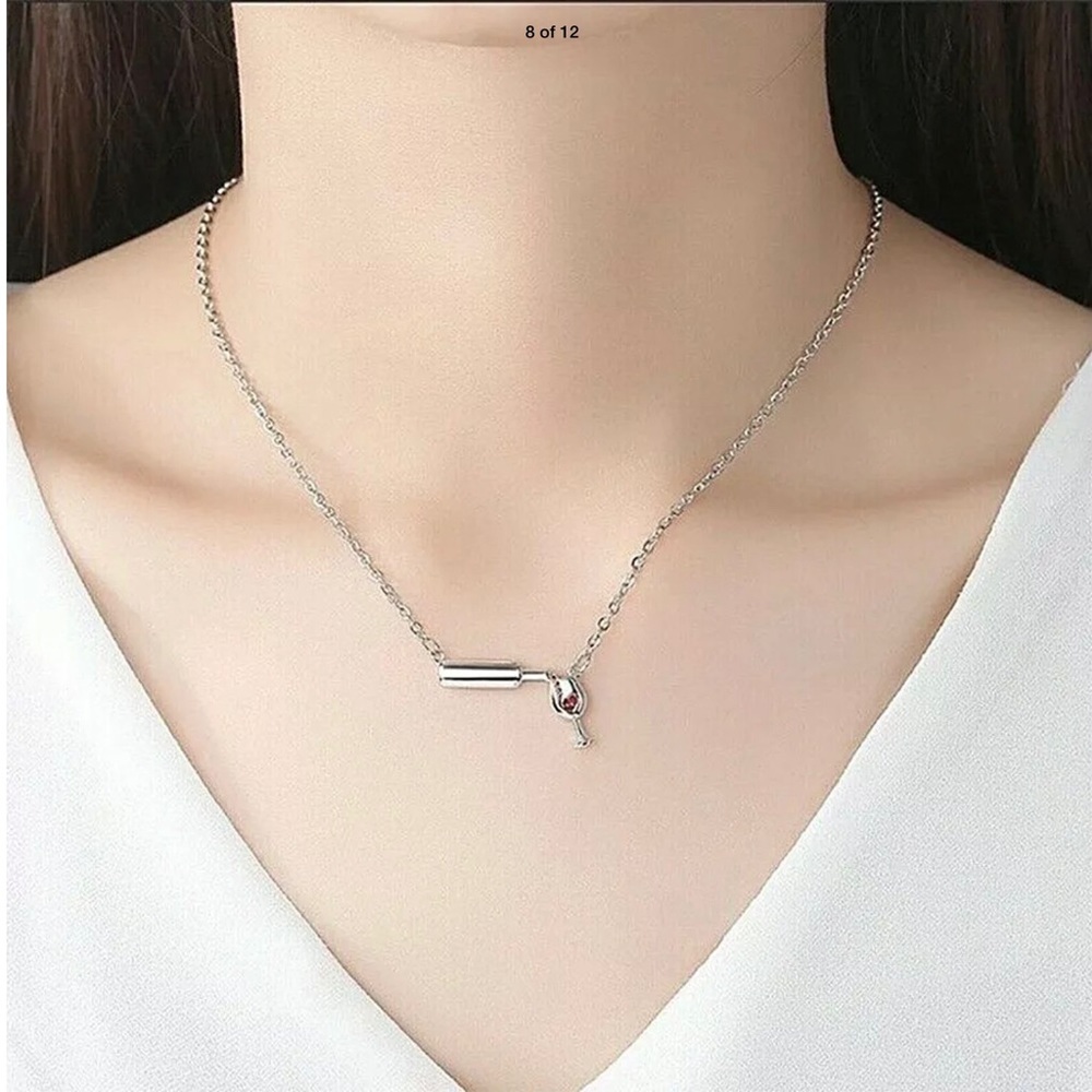 🍷Silver Necklace Wine Bottle with Wine Glass Cute